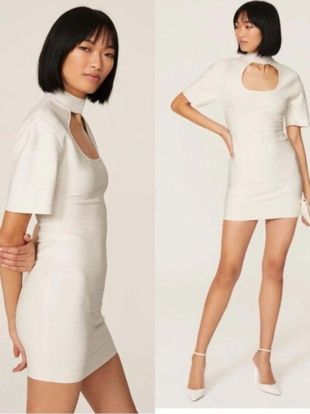 Herve Leger Icon Cutout Tshirt Mini Dress S White Bandage Bodycon Mock Neck
